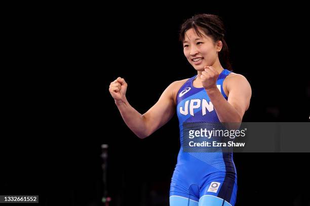 Yui Susaki of Team Japan celebrates defeating Mariya Stadnik of Team Azerbaijan during the Women’s Freestyle 50kg Semi Final on day fourteen of the...