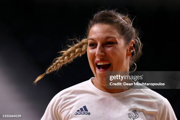 Chloe Valentini of Team France celebrates after scoring a goal during the Women's Semifinal handball match between France and Sweden on day fourteen...