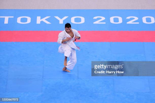 Antonio Jose Diaz Fernandez of Team Venezuela competes during the Men’s Karate Kata Bronze Medal Bout 1 on day fourteen of the Tokyo 2020 Olympic...