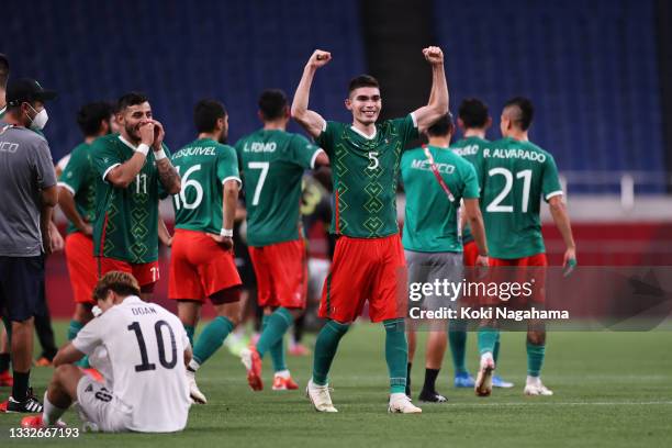Johan Vasquez of Team Mexico celebrates their side's victory after the Men's Bronze Medal Match between Mexico and Japan on day fourteen of the Tokyo...