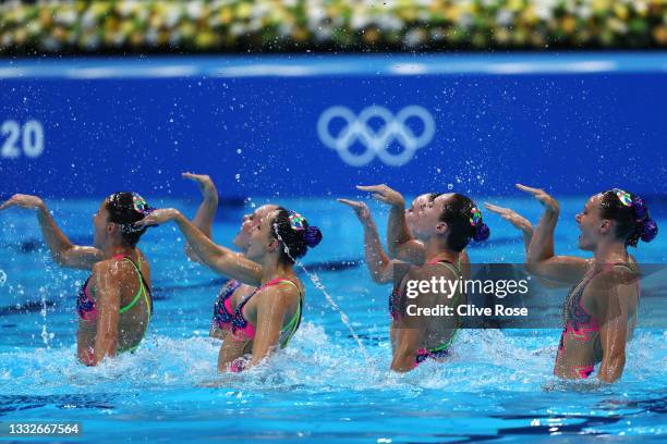 Team Canada compete in the Artistic Swimming Team Technical Routine on day fourteen of the Tokyo 2020 Olympic Games at Tokyo Aquatics Centre on...