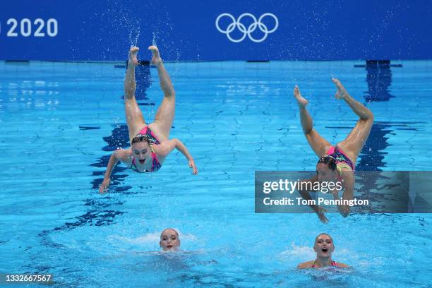 Team Canada compete in the Artistic Swimming Team Technical Routine on day fourteen of the Tokyo 2020 Olympic Games at Tokyo Aquatics Centre on...