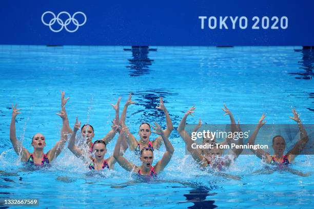 Team Canada compete in the Artistic Swimming Team Technical Routine on day fourteen of the Tokyo 2020 Olympic Games at Tokyo Aquatics Centre on...