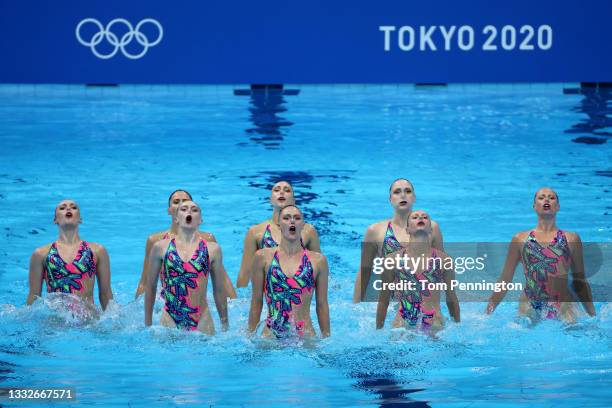 Team Canada compete in the Artistic Swimming Team Technical Routine on day fourteen of the Tokyo 2020 Olympic Games at Tokyo Aquatics Centre on...