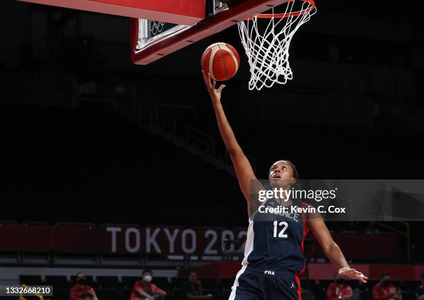 Iliana Rupert of Team France goes up for a layup against Team Japan during the first half of a Women's Basketball Semifinals game on day fourteen of...