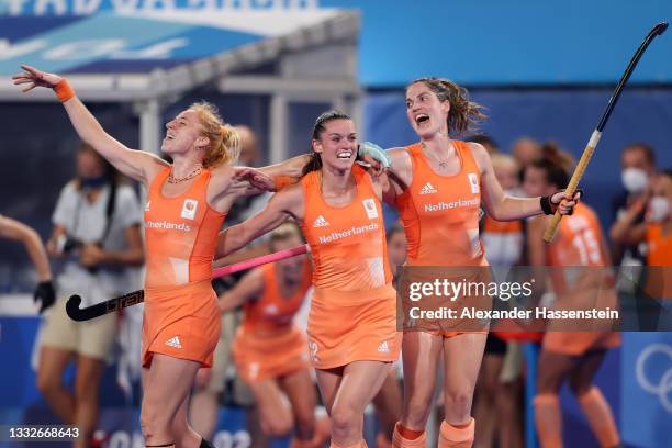 Margot van Geffen, Lidewij Marsia Maria Welten and Marloes Johanna Maria Keetels of Team Netherlands celebrate victory in the Women's Gold Medal...