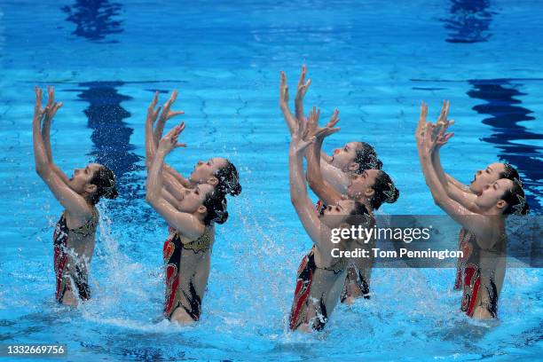 Team China compete in the Artistic Swimming Team Technical Routine on day fourteen of the Tokyo 2020 Olympic Games at Tokyo Aquatics Centre on August...