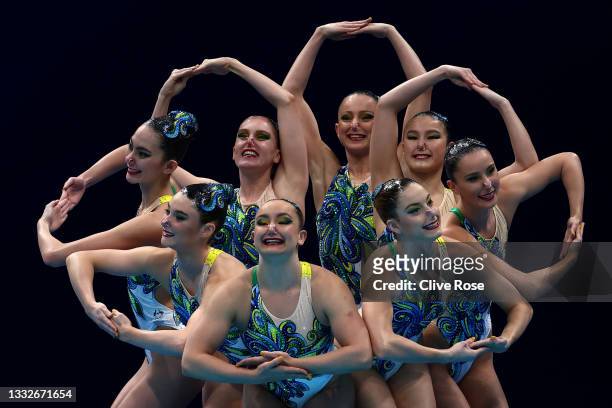 Team Australia compete in the Artistic Swimming Team Technical Routine on day fourteen of the Tokyo 2020 Olympic Games at Tokyo Aquatics Centre on...