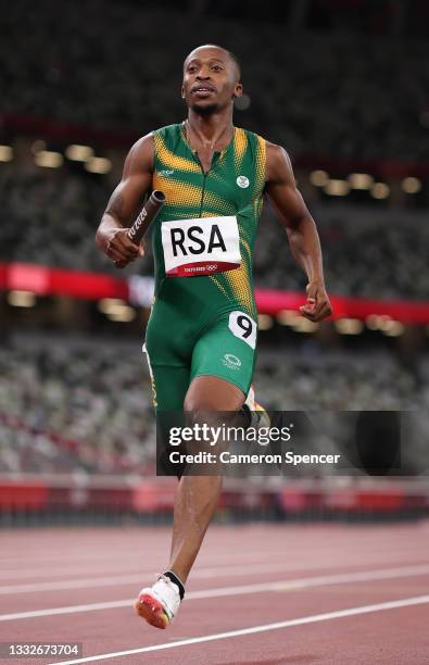 Thapelo Phora of Team South Africa competes in the Men's 4x400 metres relay heats on day fourteen of the Tokyo 2020 Olympic Games at Olympic Stadium...