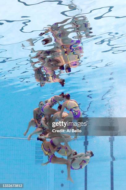 Team Canada compete in the Artistic Swimming Team Technical Routine on day fourteen of the Tokyo 2020 Olympic Games at Tokyo Aquatics Centre on...
