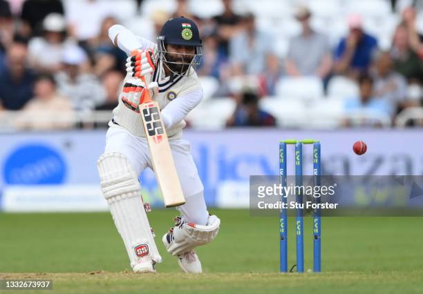 India batsmen Ravindra Jadeja in batting action during day three of the First Test Match between England and India at Trent Bridge on August 06, 2021...