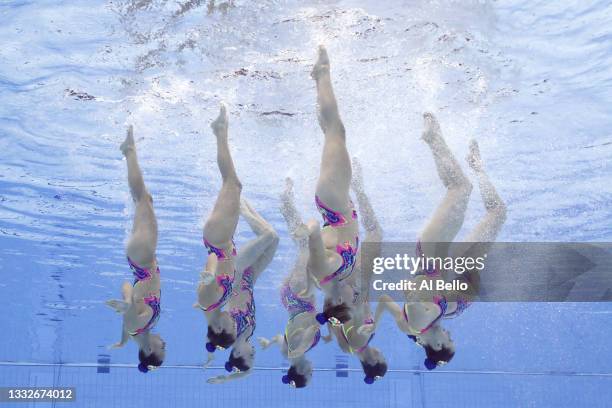 Team Canada compete in the Artistic Swimming Team Technical Routine on day fourteen of the Tokyo 2020 Olympic Games at Tokyo Aquatics Centre on...