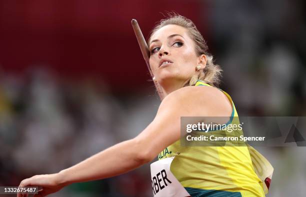 Kelsey-Lee Barber of Team Australia competes in the Women's Javelin final on day fourteen of the Tokyo 2020 Olympic Games at Olympic Stadium on...