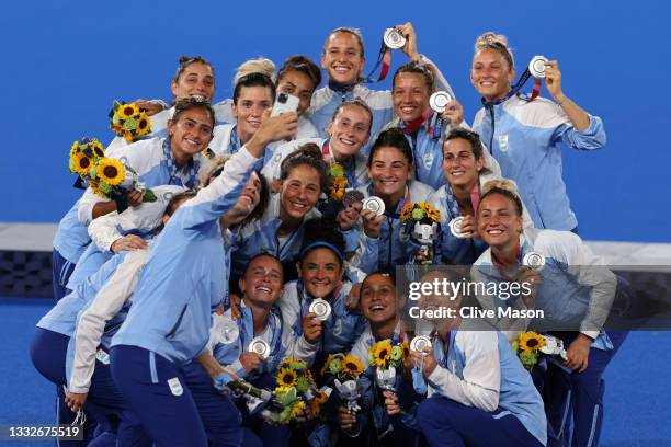 Team Argentina pose for a selfie with their Silver Medals during the Victory Ceremony following the Women's Gold Medal match between Netherlands and...