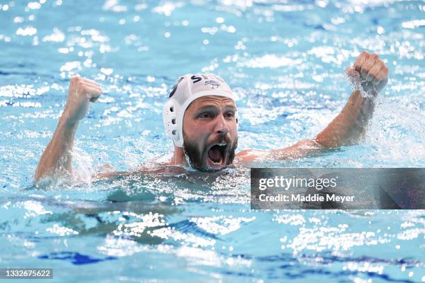 Nikola Dedovic of Team Serbia celebrates during the Men's Semifinal match between Serbia and Spain on day fourteen of the Tokyo 2020 Olympic Games at...