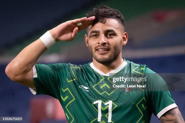 Alexis Vega of Team Mexico celebrates after scoring their side's third goal during the Men's Bronze Medal Match between Mexico and Japan on day...