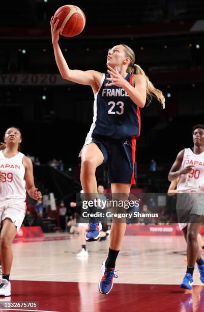 Marine Johannes of Team France drives to the basket against Team Japan during the second half of a Women's Basketball Semifinals game on day fourteen...