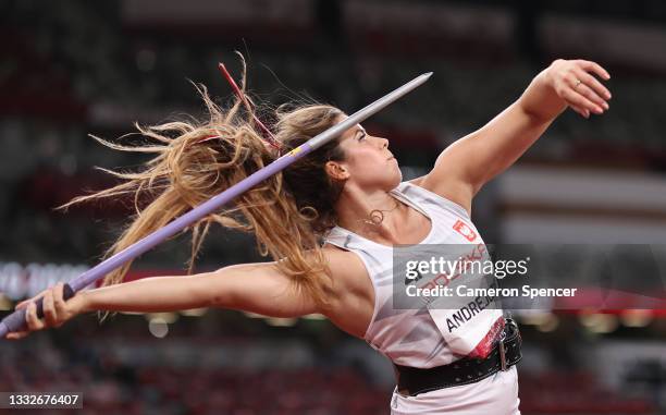 Maria Andrejczyk of Team Poland competes in the Women's Javelin final on day fourteen of the Tokyo 2020 Olympic Games at Olympic Stadium on August...