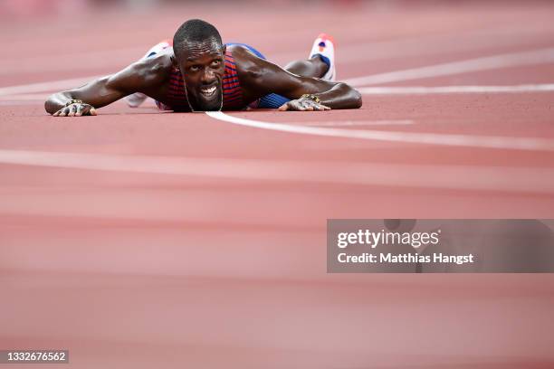 Paul Chelimo of Team USA reacts after winning bronze during the Men's 5000 metres final day fourteen of the Tokyo 2020 Olympic Games at Olympic...