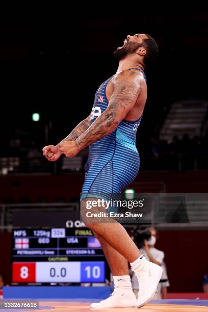 Gable Dan Steveson of Team United States celebrates defeating Geno Petriashvili of Team Georgia during the Men’s Freestyle 125kg Gold Medal Match on...