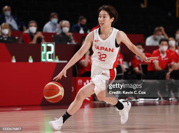 Saori Miyazaki of Team Japan drives to the basket against Team France during the second half of a Women's Basketball Semifinals game on day fourteen...