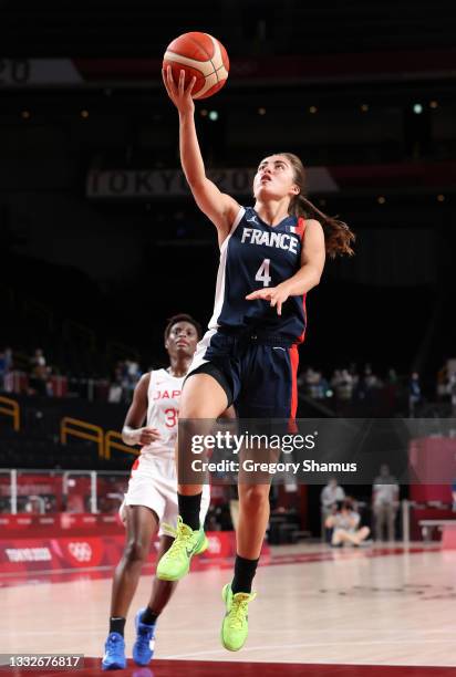 Marine Fauthoux of Team France drives to the basket against Team Japan during the second half of a Women's Basketball Semifinals game on day fourteen...