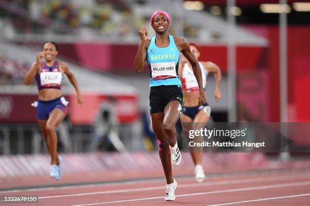 Shaunae Miller-Uibo of Team Bahamas competes in the Women's 400 metres final on day fourteen of the Tokyo 2020 Olympic Games at Olympic Stadium on...