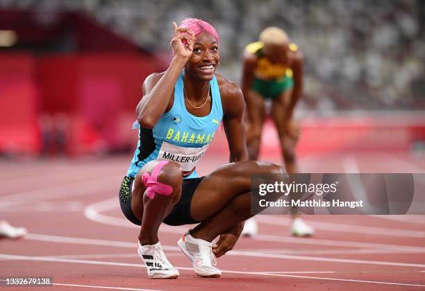 Shaunae Miller-Uibo of Team Bahamas celebrates after winning the gold medal in the Women's 400m Final on day fourteen of the Tokyo 2020 Olympic Games...
