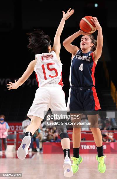 Marine Fauthoux of Team France shoots against Nako Motohashi of Team Japan during the second half in a Women's Basketball Semifinals game on day...