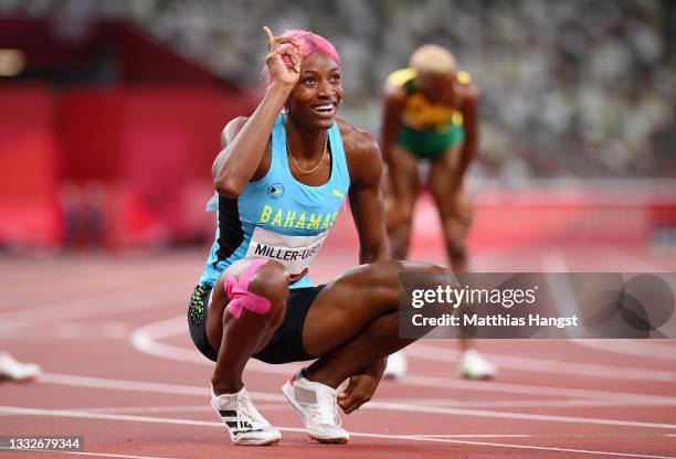 Shaunae Miller-Uibo of Team Bahamas reacts after winning the gold medal in the Women's 400m Final on day fourteen of the Tokyo 2020 Olympic Games at...