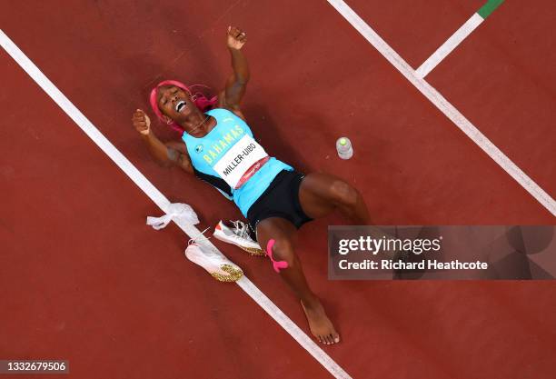 Shaunae Miller-Uibo of Team Bahamas reacts after winning the gold medal in the Women's 400m Final on day fourteen of the Tokyo 2020 Olympic Games at...