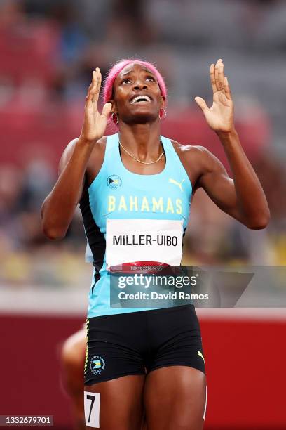 Shaunae Miller-Uibo of Team Bahamas reacts after winning the gold medal in the Women's 400m Final on day fourteen of the Tokyo 2020 Olympic Games at...