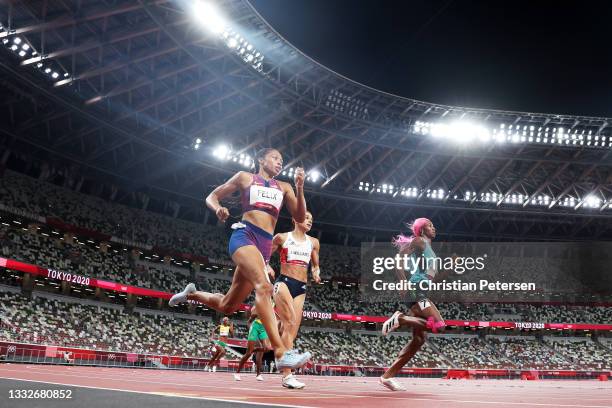 Allyson Felix of Team USA competes in the Women's 400m Final on day fourteen of the Tokyo 2020 Olympic Games at Olympic Stadium on August 06, 2021 in...