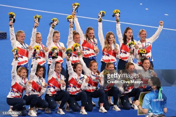 Team Great Britain pose with their Bronze Medals during the Victory Ceremony following the Women's Gold Medal match between Netherlands and Argentina...