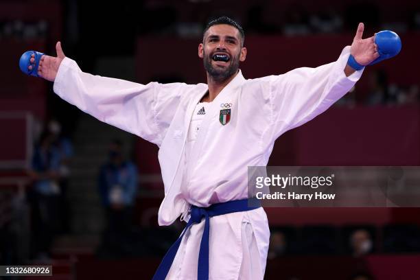 Luigi Busa of Team Italy celebrates after defeating Rafael Aghayev of Team Azerbaijan during the Men’s Karate Kumite -75kg Gold Medal Bout on day...