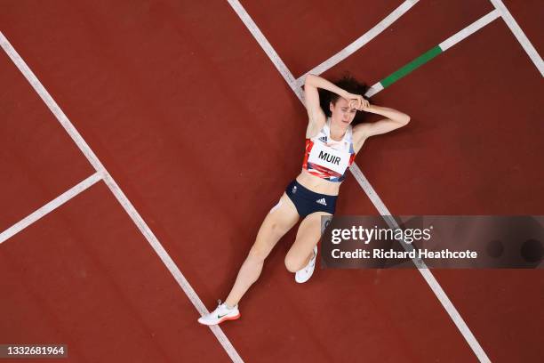 Laura Muir of Team Great Britain reacts after winning the silver medal in the Women's 1500m Final on day fourteen of the Tokyo 2020 Olympic Games at...