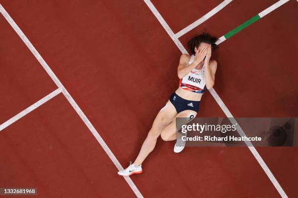 Laura Muir of Team Great Britain reacts after winning the silver medal in the Women's 1500m Final on day fourteen of the Tokyo 2020 Olympic Games at...