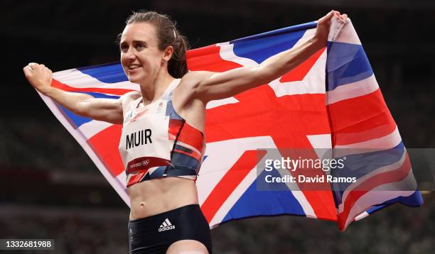 Laura Muir of Team Great Britain celebrates after winning the silver medal in the Women's 1500m Final on day fourteen of the Tokyo 2020 Olympic Games...