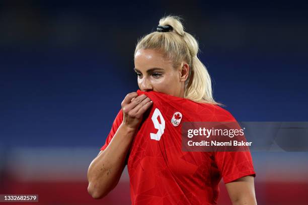 Adriana Leon of Team Canada looks on during the Women's Gold Medal Match between Canada and Sweden on day fourteen of the Tokyo 2020 Olympic Games at...