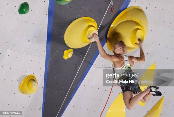 Janja Garnbret of Team Slovenia during the Sport Climbing Women's Combined Final on day fourteen of the Tokyo 2020 Olympic Games at Aomi Urban Sports...
