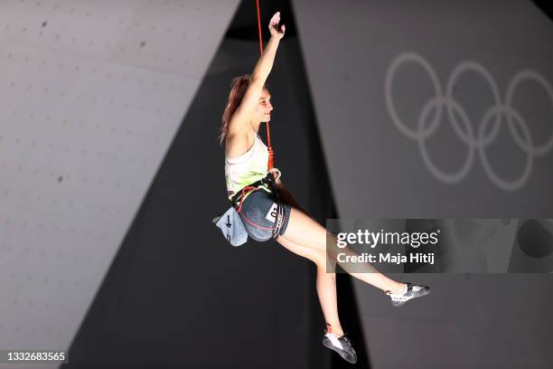 Janja Garnbret of Team Slovenia celebrates during the Sport Climbing Women's Combined Final on day fourteen of the Tokyo 2020 Olympic Games at Aomi...