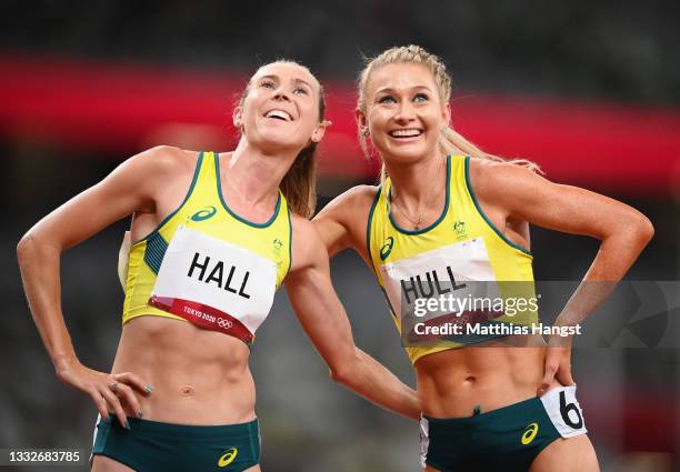 Linden Hall and Jessica Hull of Team Australia reacts after the Women's 1500m Final on day fourteen of the Tokyo 2020 Olympic Games at Olympic...