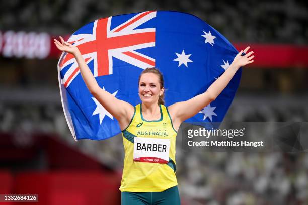 Kelsey-Lee Barber of Team Australia celebrates after winning the bronze medal in the Women's Javelin Throw Final on day fourteen of the Tokyo 2020...