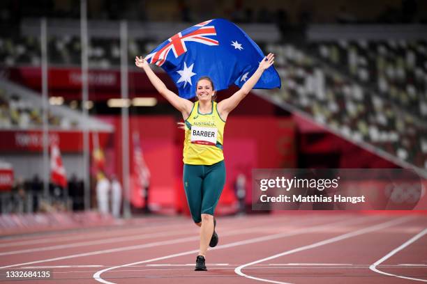 Kelsey-Lee Barber of Team Australia celebrates after winning the bronze medal in the Women's Javelin Throw Final on day fourteen of the Tokyo 2020...