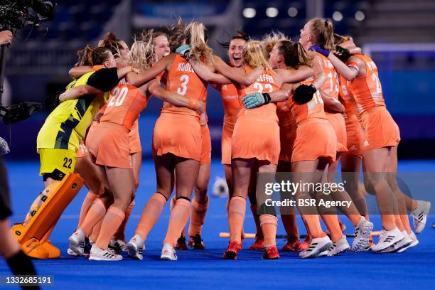 Goalkeeper Anne Veenendaal of Team Netherlands, Laura Nunnink of Team Netherlands, Sanne Koolen of Team Netherlands, Margot van Geffen of Team...