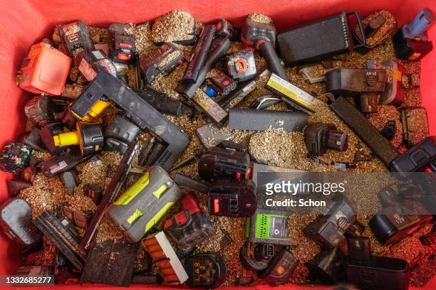 used rechargeable batteries at recycling station - car collection stock pictures, royalty-free photos & images