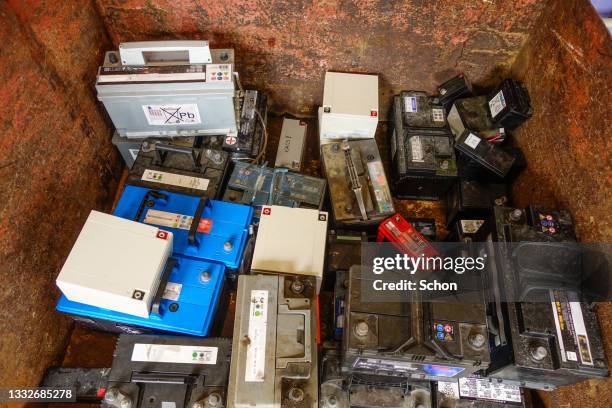 used rechargeable batteries at recycling station - car battery stock pictures, royalty-free photos & images