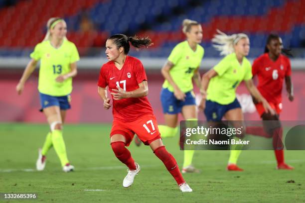 Jessie Fleming of Team Canada celebrates after scoring their side's first goal during the Women's Gold Medal Match between Canada and Sweden on day...