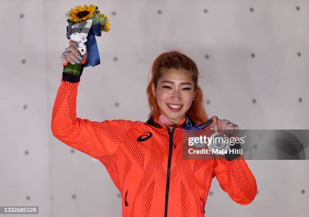 Miho Nonaka of Team Japan poses with the silver medal for Sport Climbing Women's Combined after during the Sport Climbing Women's Combined Final on...
