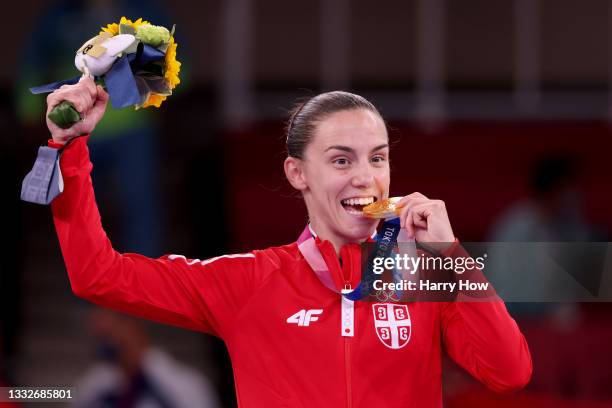 Gold medalist Jovana Prekovic of Team Serbia poses with the gold medal for the Women’s Karate Kumite -61kg on day fourteen of the Tokyo 2020 Olympic...